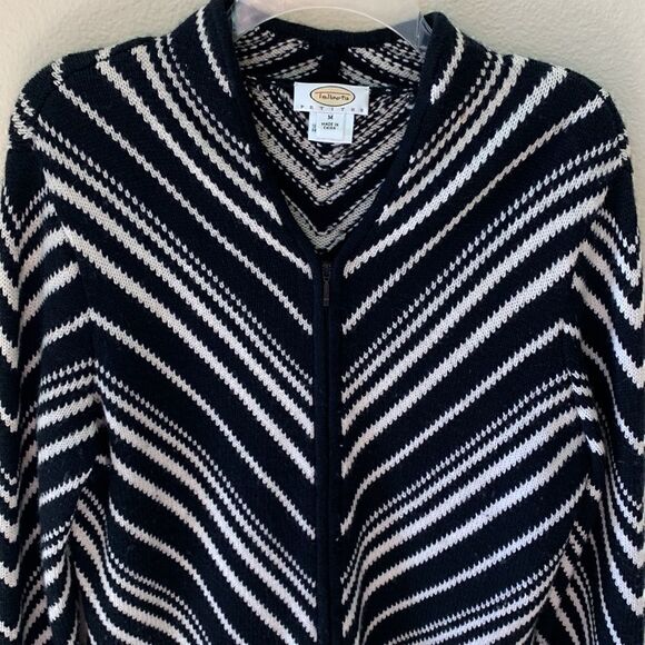 Talbots Petites Cardigan Sweater 100% Wool‎ Black White Striped size Medium - Picture 1 of 5